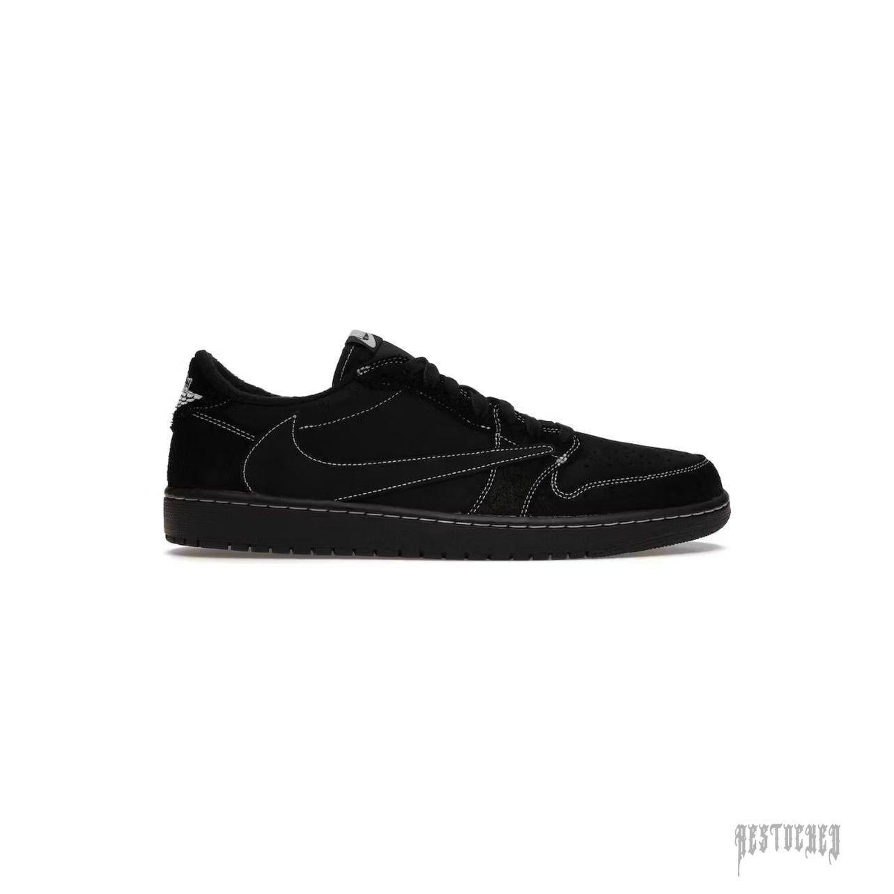 Travis Scott Jordan 1 Low Black Phantom nubuck sneaker with backwards Swoosh and contrast stitching.