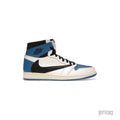 JORDAN 1 RETRO HIGH SP FRAGMENT X TRAVIS SCOTT, white, blue, and black leather high-top sneaker.