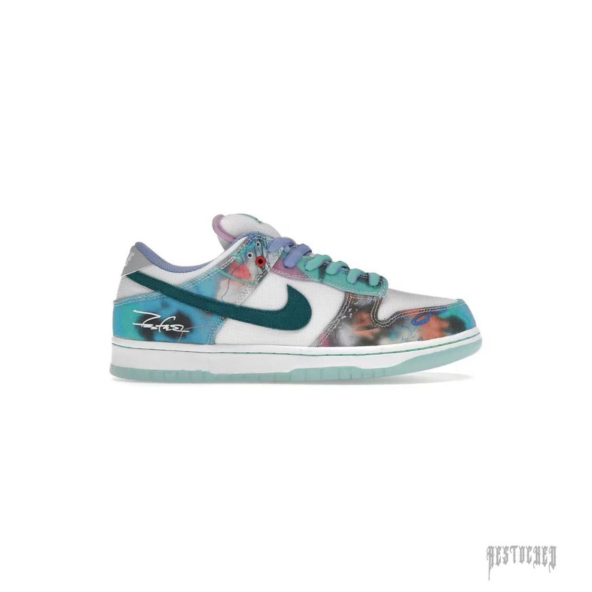 NIKE SB Dunk Low Futura Laboratories Bleached Aqua sneaker with white base, teal accents, and colorful abstract art.