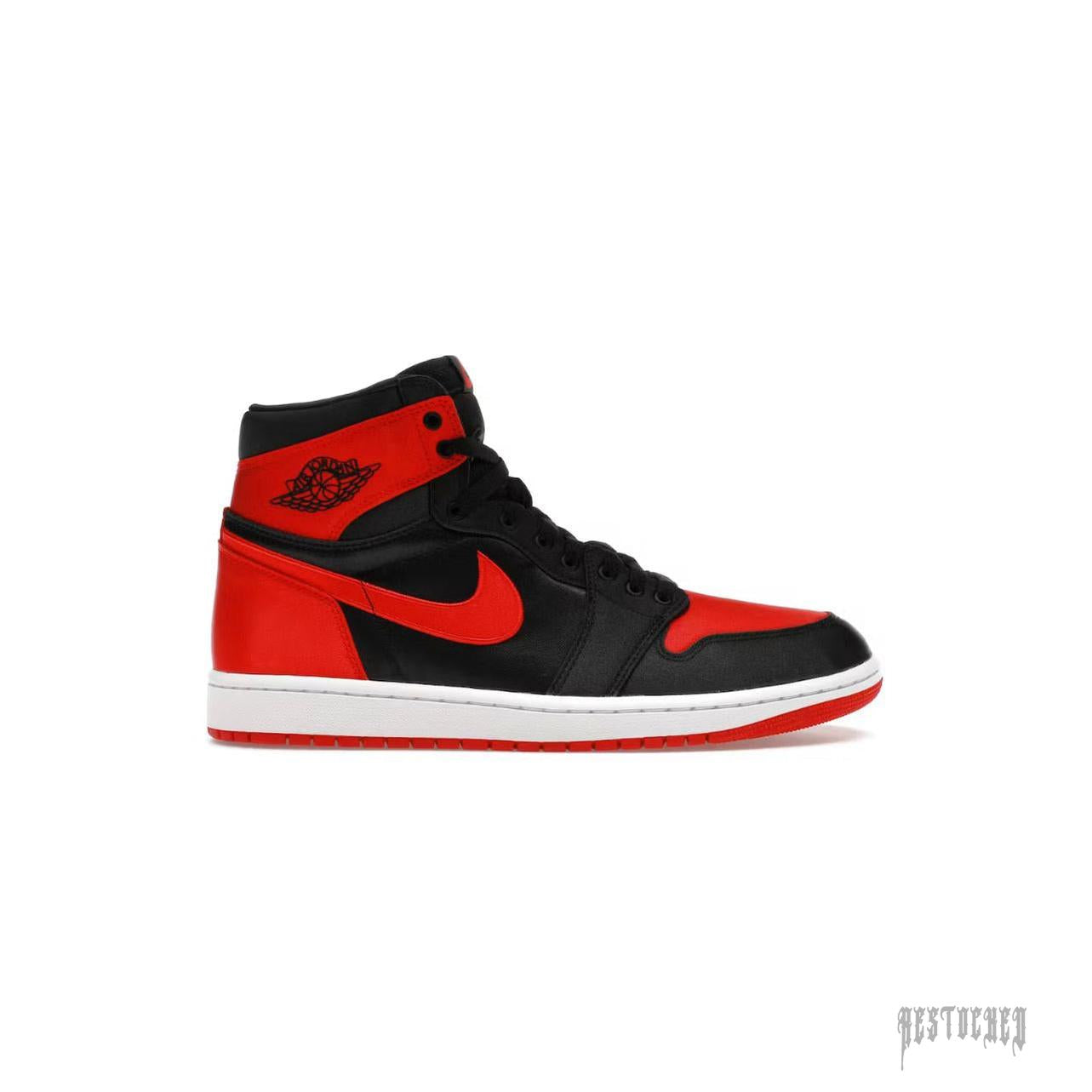JORDAN 1 RETRO HIGH OG SATIN BRED (WOMEN'S) black and red high-top sneaker with white sole.