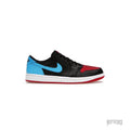 JORDAN 1 RETRO LOW OG NC TO CHI (WOMENS) black, red, and blue leather low-top sneaker with white sole.