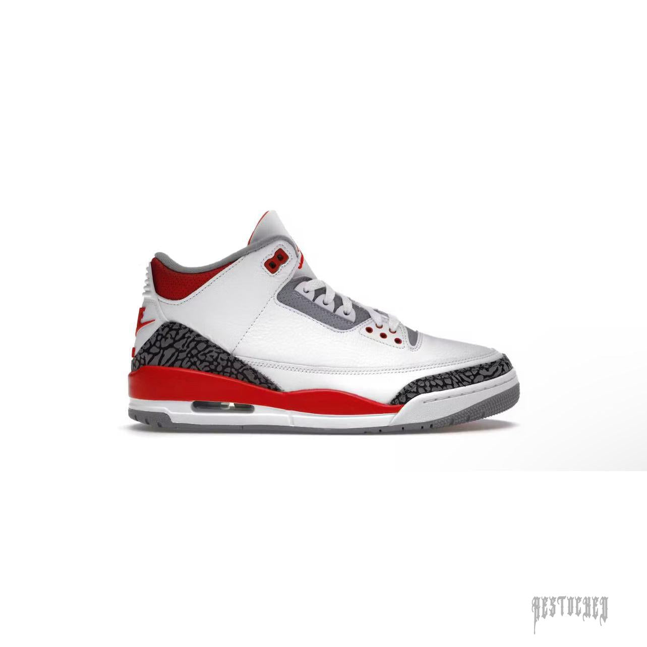 JORDAN 3 RETRO FIRE RED sneaker, white leather with red accents, grey elephant print, and a visible air unit.