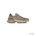 New Balance 9060 Driftwood Castlerock sneaker with light brown mesh, dark brown suede, and chunky ABZORB sole.