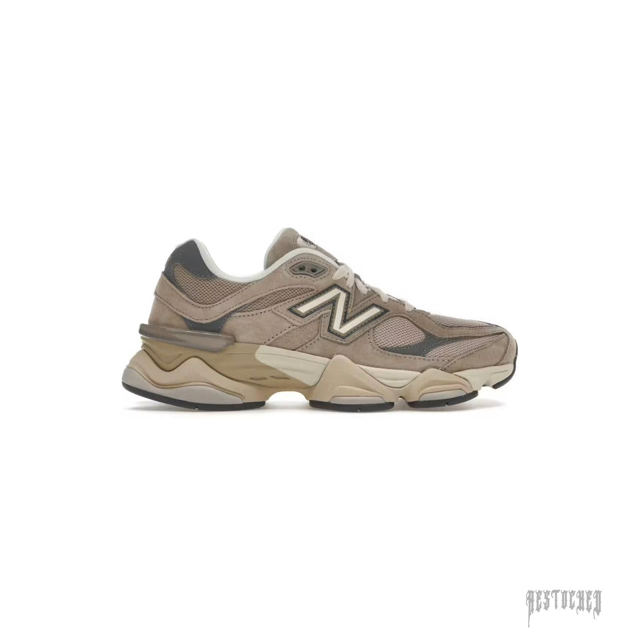 New Balance 9060 Driftwood Castlerock sneaker with light brown mesh, dark brown suede, and chunky ABZORB sole.