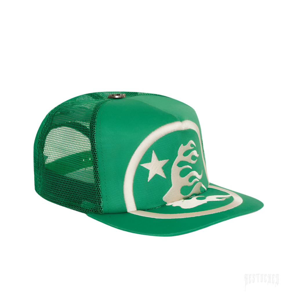 Green Hellstar Big Logo Trucker Snapback Hat with white embroidered star and flame design.