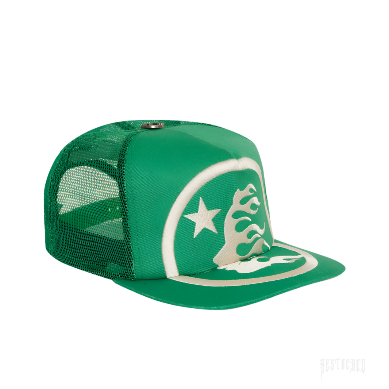 Green Hellstar Big Logo Trucker Snapback Hat with white embroidered star and flame design.