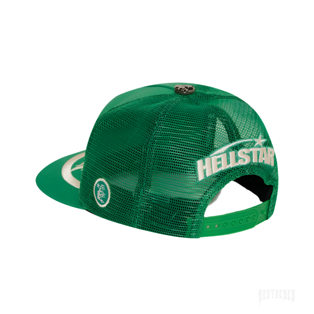 Green Hellstar Big Logo Trucker Snapback Hat with white embroidered branding on the back mesh.