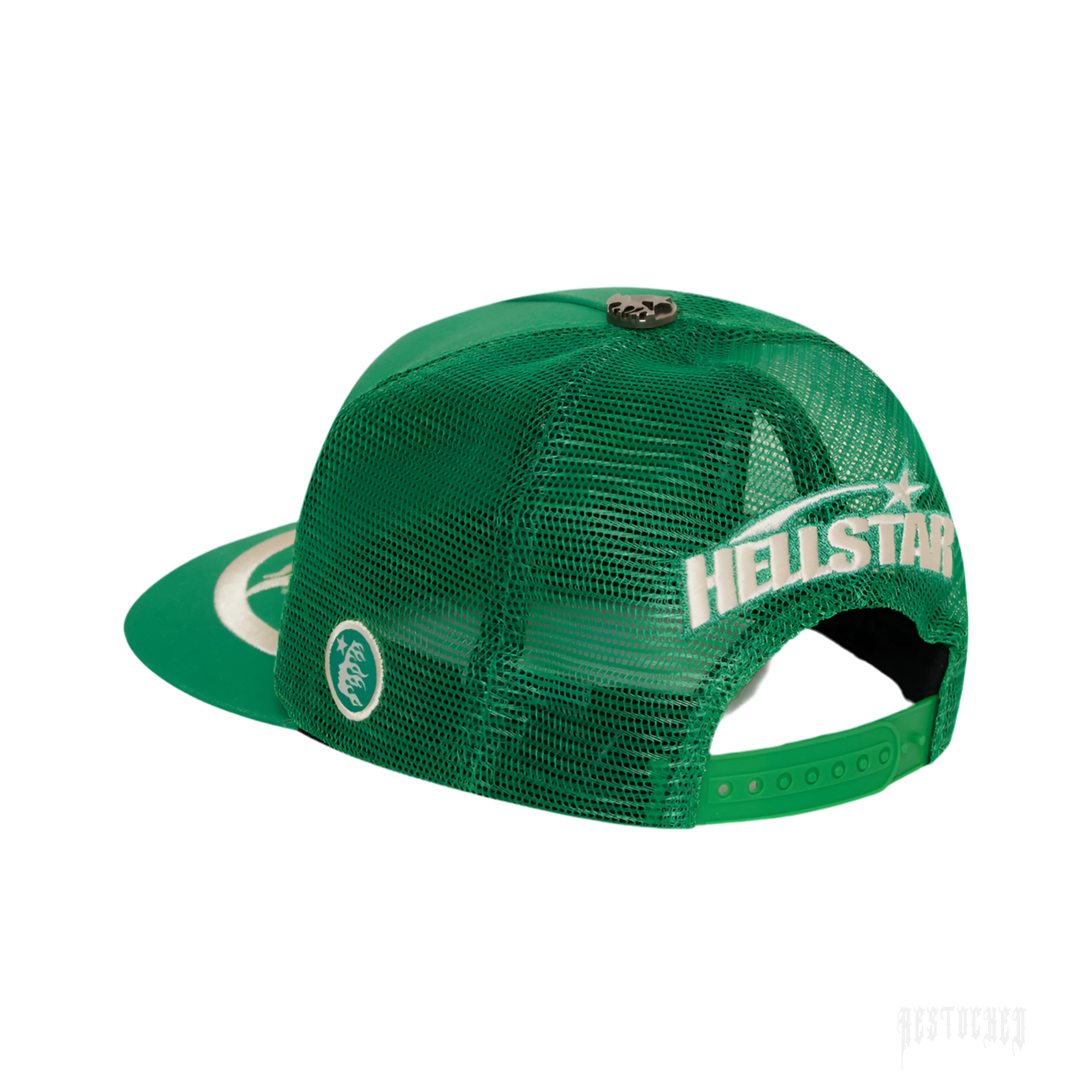 Green Hellstar Big Logo Trucker Snapback Hat with white embroidered branding on the back mesh.