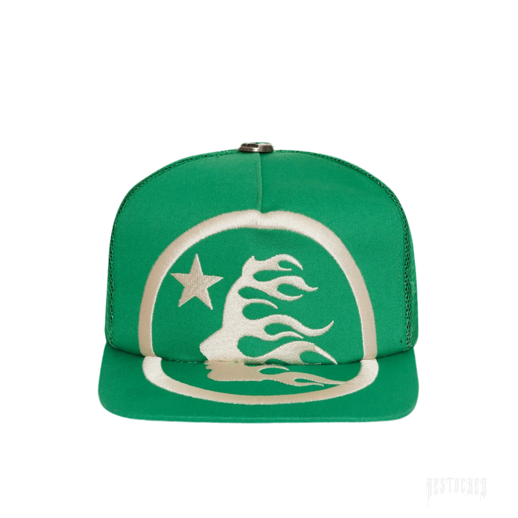 Green Hellstar Big Logo Trucker Snapback Hat with white embroidered star and flame design.