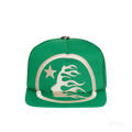 Green Hellstar Big Logo Trucker Snapback Hat with white embroidered star and flame design.