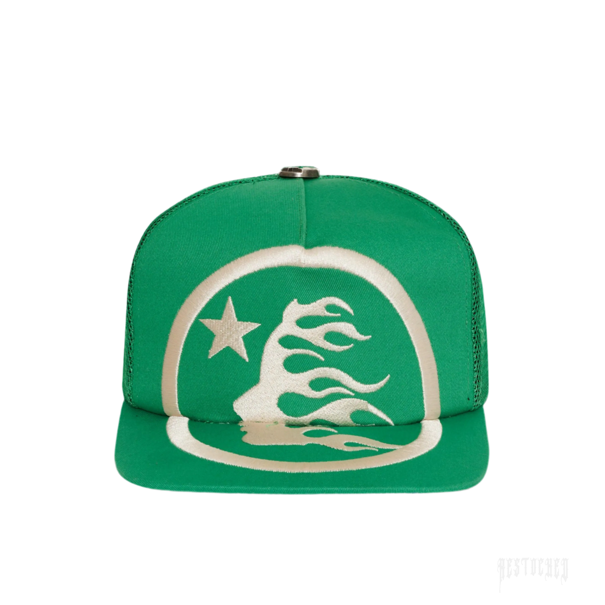 Green Hellstar Big Logo Trucker Snapback Hat with white embroidered star and flame design.