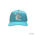 HELLSTAR SNAPBACK BABY BLUE cap with white embroidered face, flames, and star design.