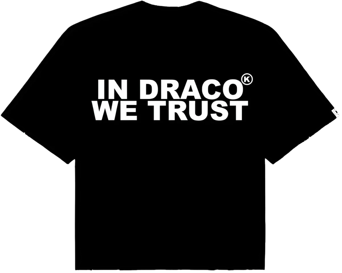 Black cotton "IN DRACO WE TRUST" tee with white text and K logo.