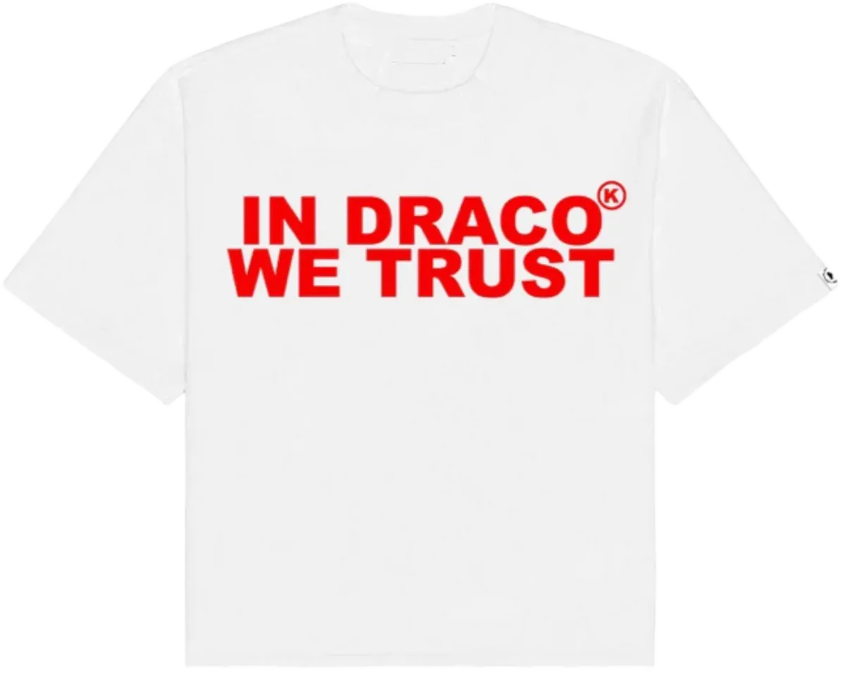 White cotton tee with "IN DRACO WE TRUST" in bold red text.