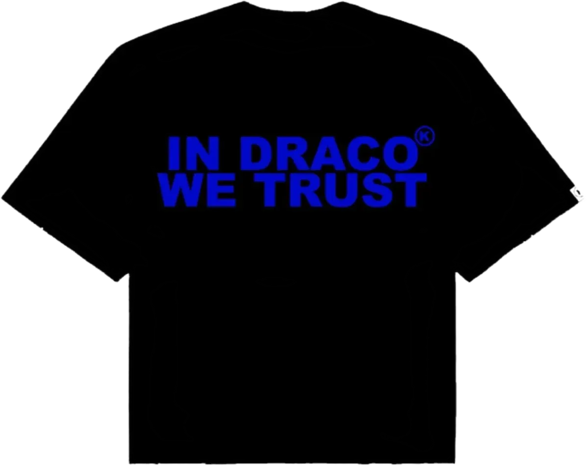 Black cotton t-shirt with "IN DRACO WE TRUST" in bold blue text on the front.