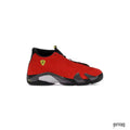 JODAN 14 FERRARI (2025) (GS) red suede sneaker with black accents, yellow Jumpman logo, and carbon fiber midsole.