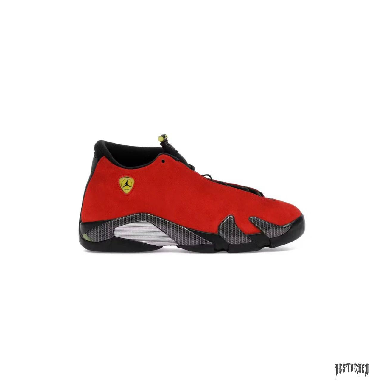 JODAN 14 FERRARI (2025) (GS) red suede sneaker with black accents, yellow Jumpman logo, and carbon fiber midsole.