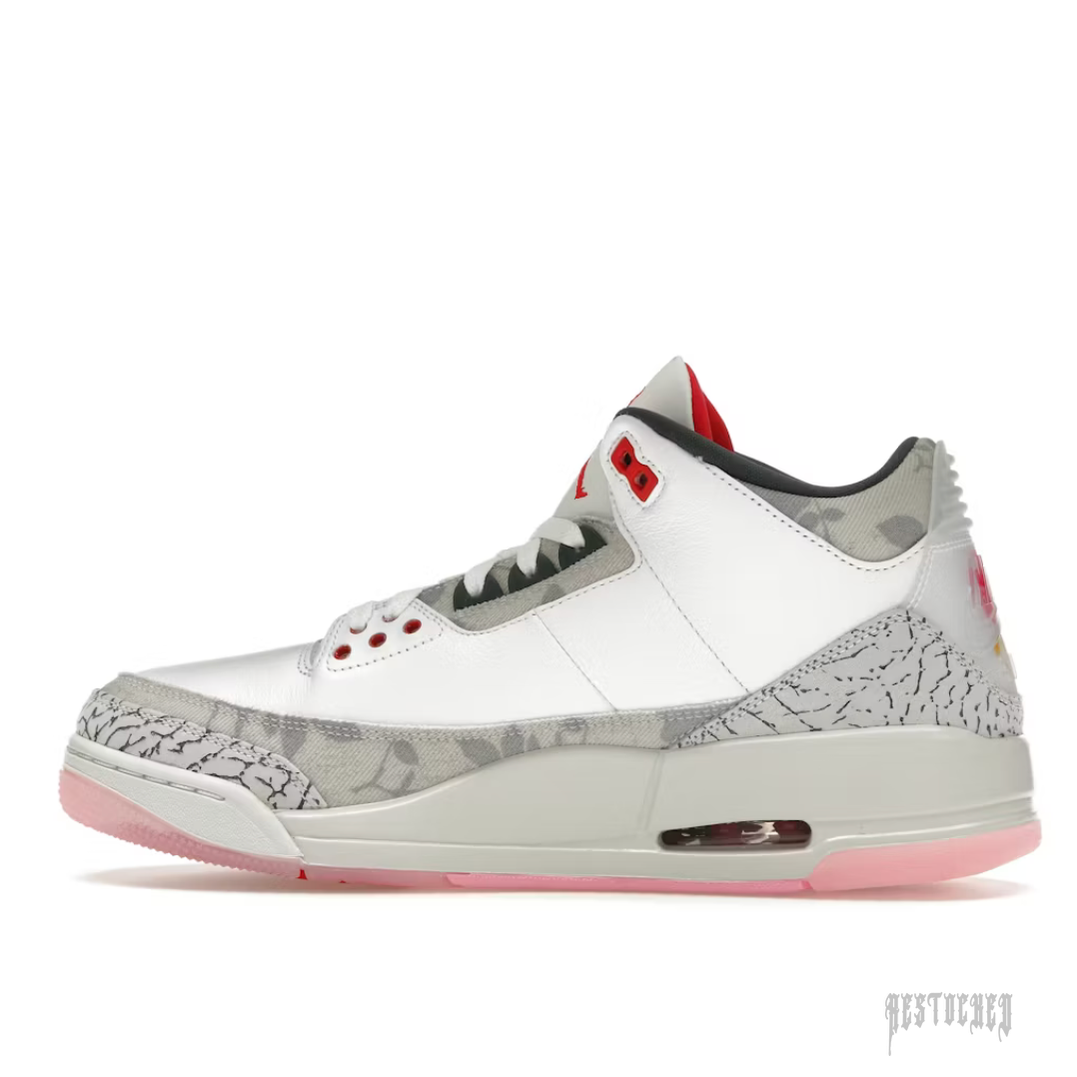 JOEDAN 3 RETRO WINGS sneaker, white leather upper, grey elephant print, red accents, and pink translucent sole.