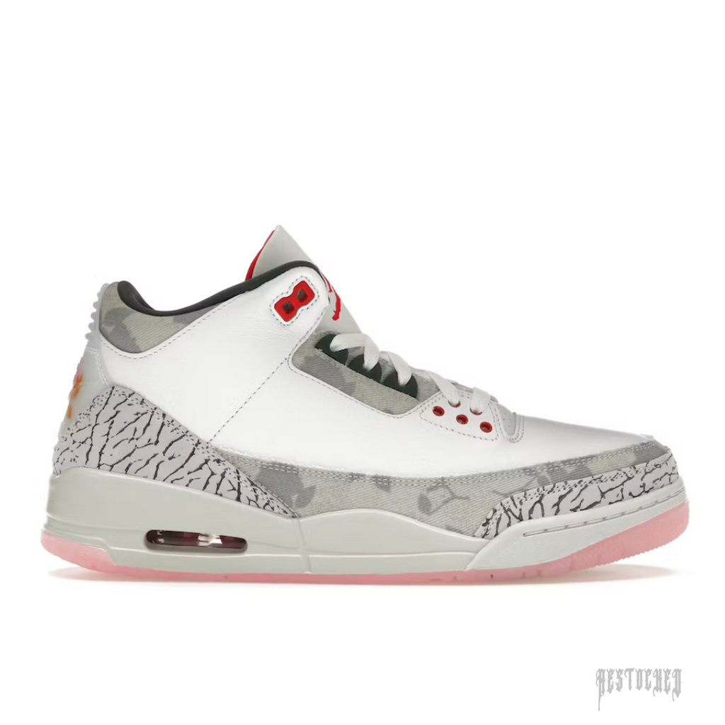 JOEDAN 3 RETRO WINGS sneaker with white leather, grey camo, elephant print, red accents, and a translucent pink sole.