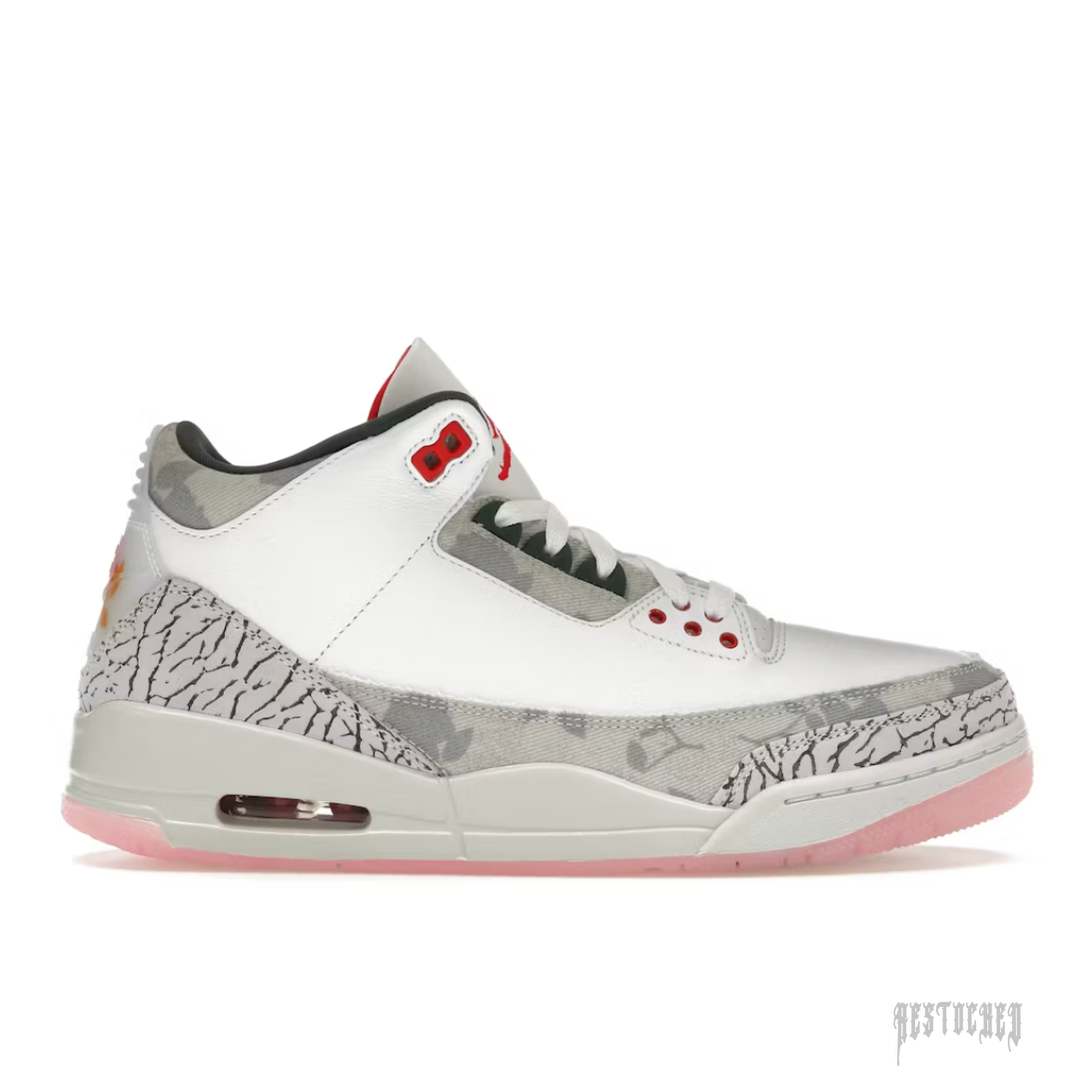 JOEDAN 3 RETRO WINGS sneaker with white leather, grey camo, elephant print, red accents, and a translucent pink sole.