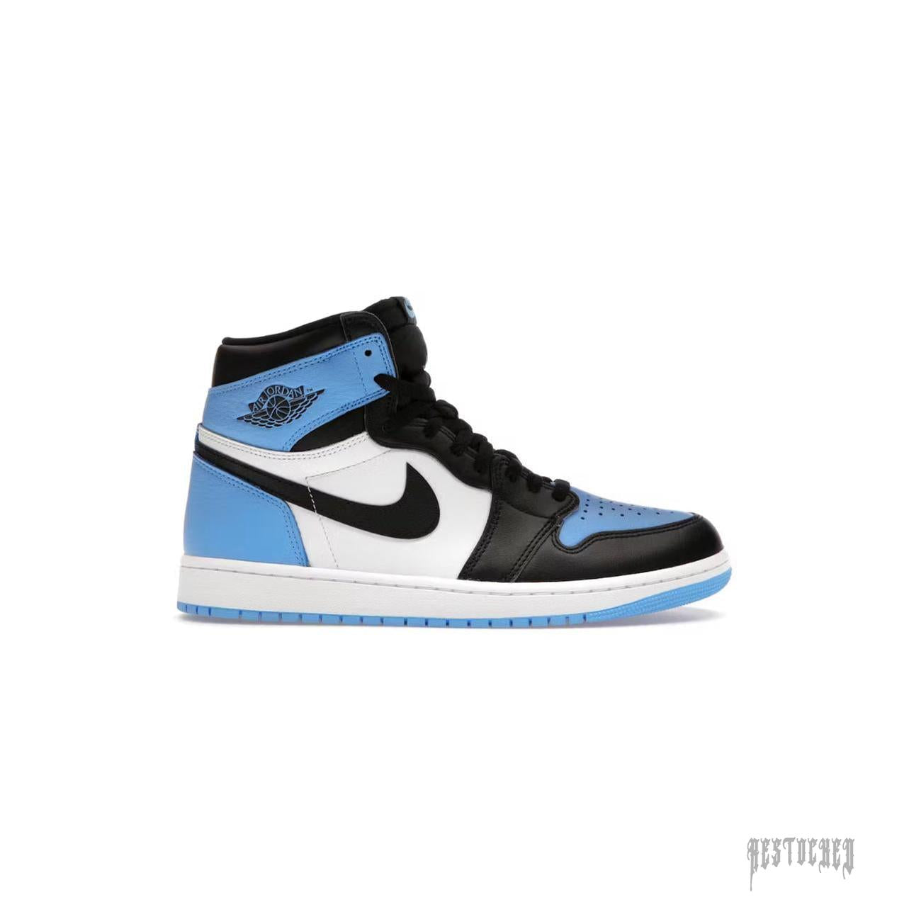 JORDAN 1 HIGH OG UNC TOE sneaker with black, white, and light blue leather panels.