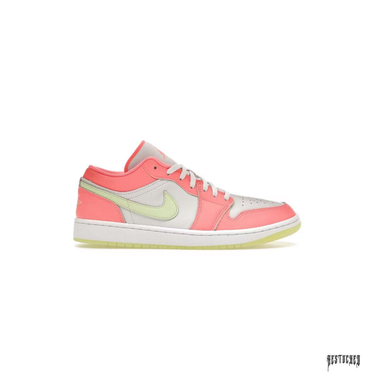 Jordan 1 Low SE Lava Glow sneaker with vibrant pink, light grey, and neon green accents.