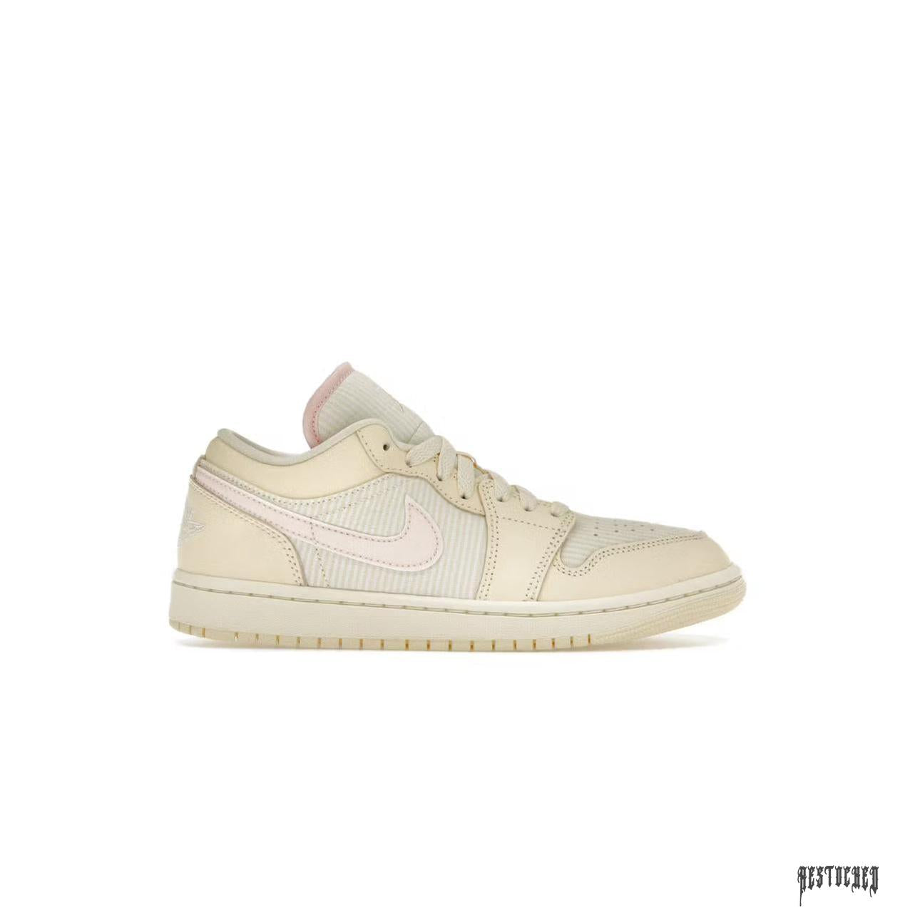 Women's Jordan 1 Low SE Seersucker sneaker in cream with light pink accents and striped textile panels.