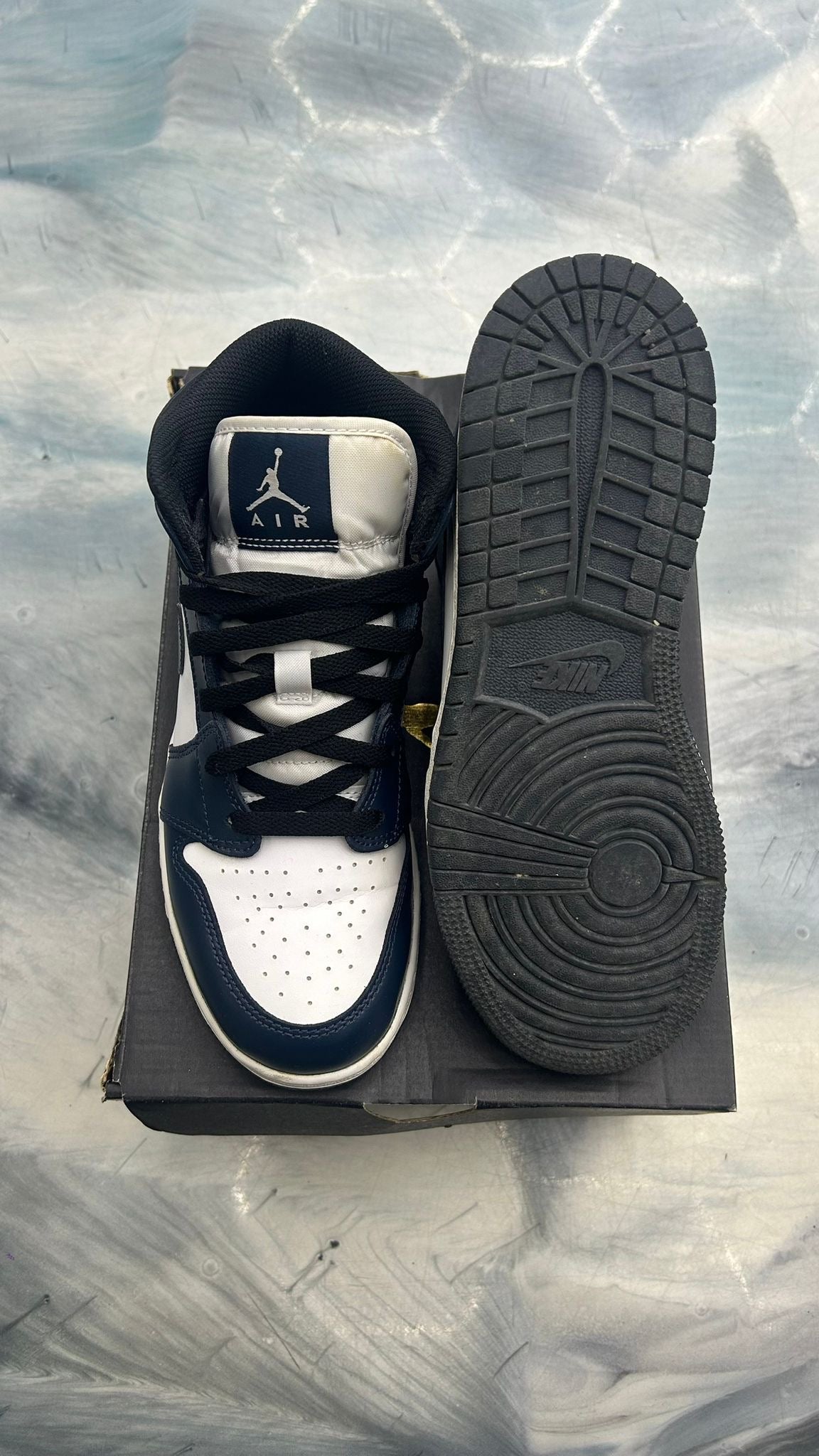 JORDAN 1 MID ARMORY NAVY (GS) PRE OWNED SIZE 7Y, white leather with navy overlays, black laces, and black sole.