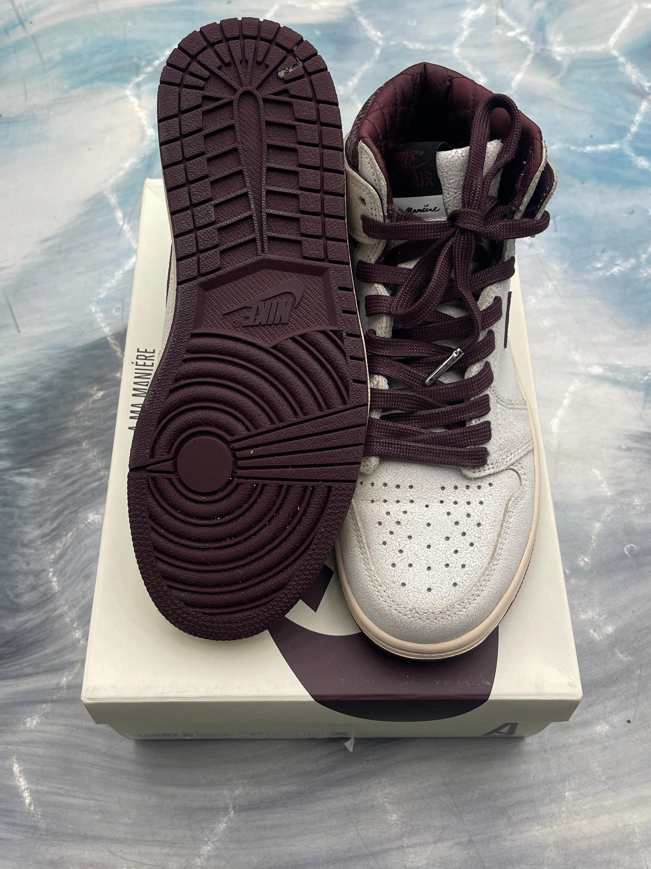 JORDAN 1 RETRO A MA MANIERE, size 7, with a white textured upper, burgundy laces, collar, and outsole.