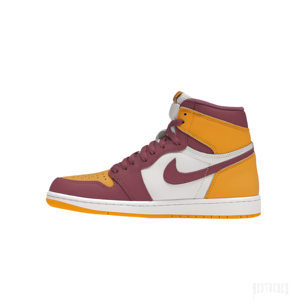JORDAN 1 RETRO HIGH OG BROTHERHOOD sneaker, featuring gold, white, and maroon leather with a high-top design.