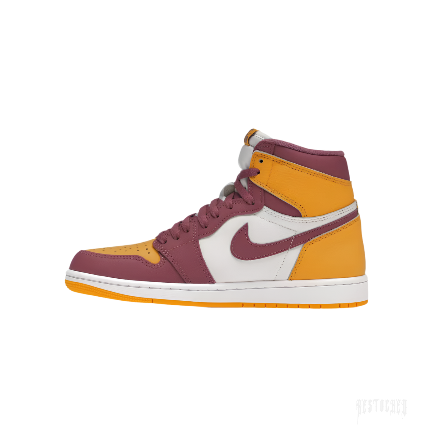 JORDAN 1 RETRO HIGH OG BROTHERHOOD sneaker, featuring gold, white, and maroon leather with a high-top design.