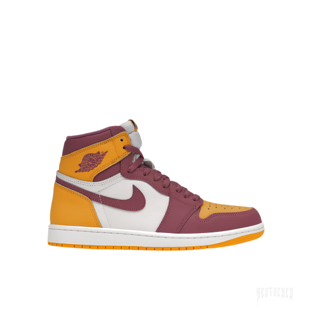 JORDAN 1 RETRO HIGH OG BROTHERHOOD sneaker in gold, white, and burgundy leather.