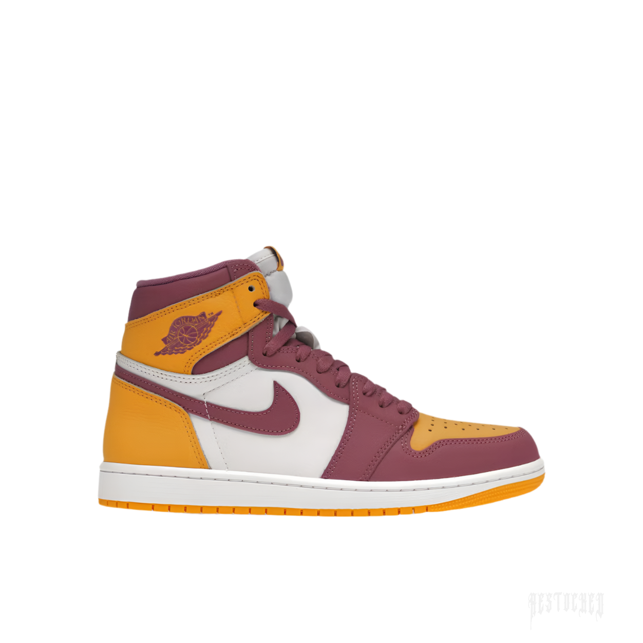 JORDAN 1 RETRO HIGH OG BROTHERHOOD sneaker in gold, white, and burgundy leather.