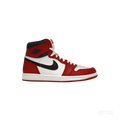 JORDAN 1 RETRO HIGH OG CHICAGO LOST AND FOUND, red and white leather high-top sneaker with black swoosh.