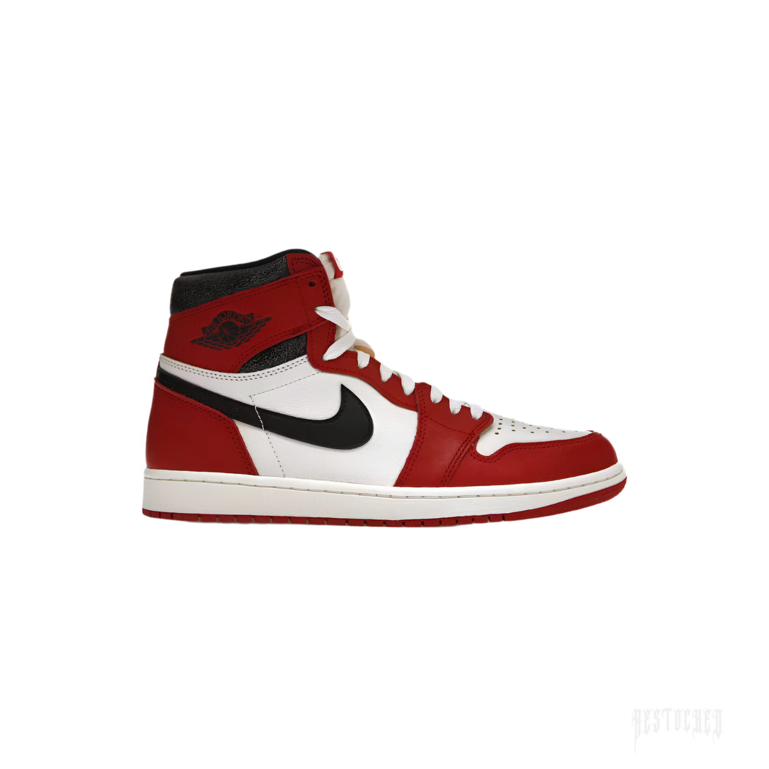 JORDAN 1 RETRO HIGH OG CHICAGO LOST AND FOUND, red and white leather high-top sneaker with black swoosh.