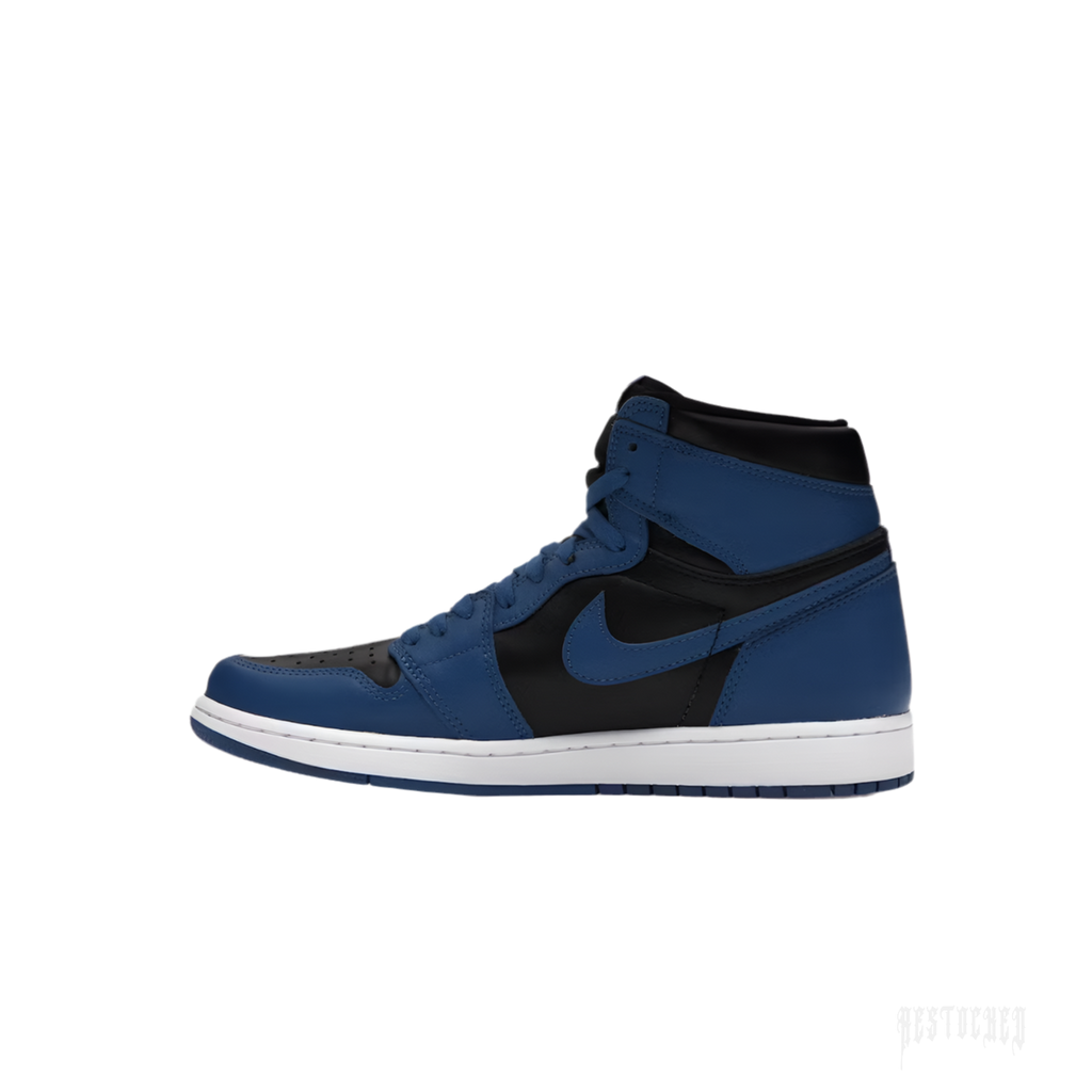 Jordan 1 Retro High OG Dark Marina Blue sneaker, black and blue leather, white sole.