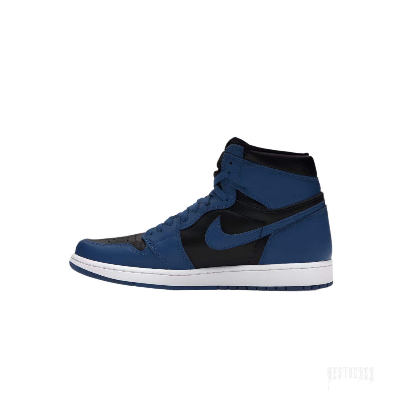 Jordan 1 Retro High OG Dark Marina Blue sneaker, black and blue leather, white sole.