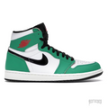 JORDAN 1 RETRO HIGH OG LUCKY GREEN (WOMENS) sneaker with white, green, and black leather, red Wings logo.