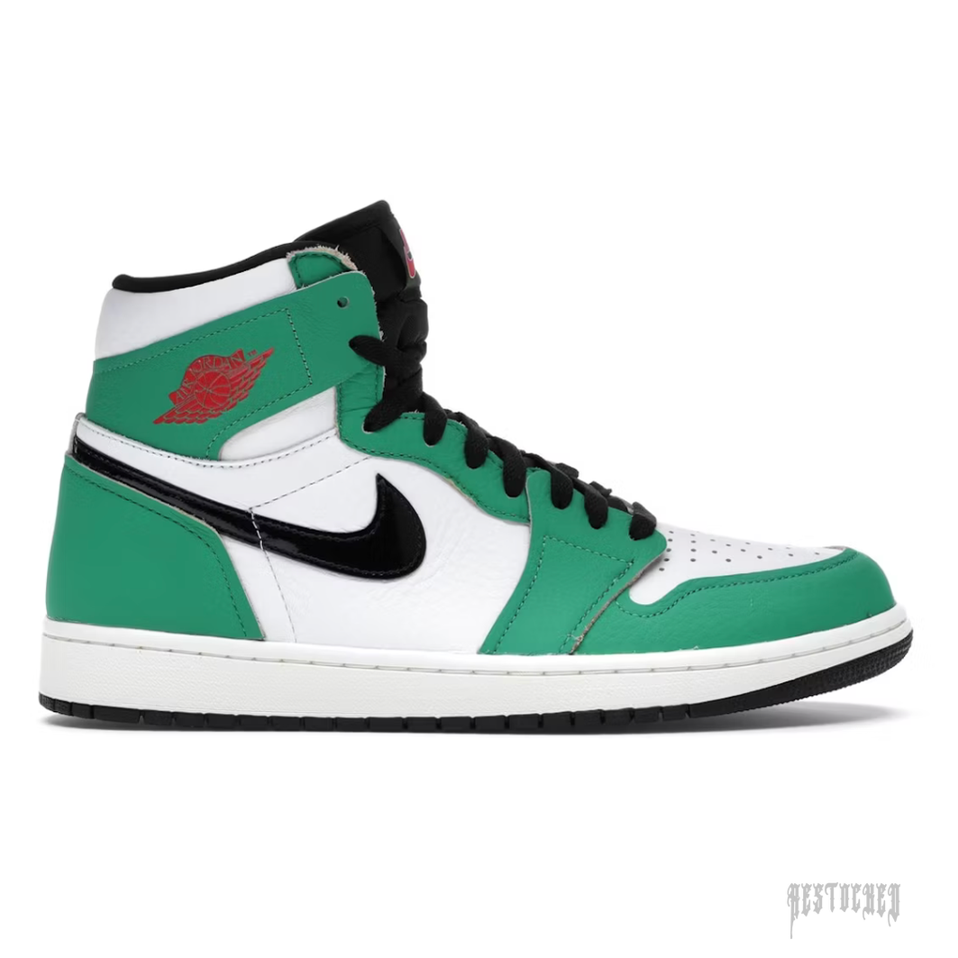 JORDAN 1 RETRO HIGH OG LUCKY GREEN (WOMENS) sneaker with white, green, and black leather, red Wings logo.