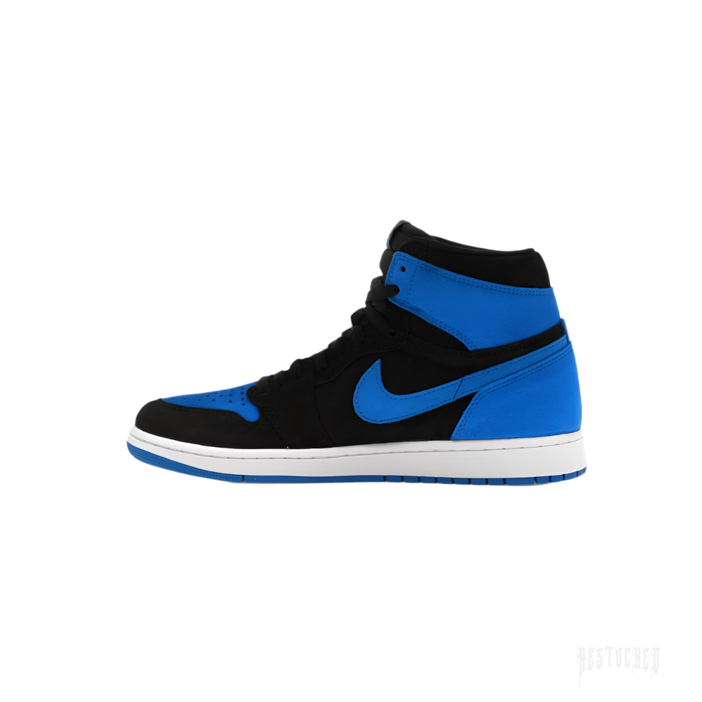 JORDAN 1 RETRO HIGH OG ROYAL REIMAGINED sneaker, black and royal blue leather, white midsole.