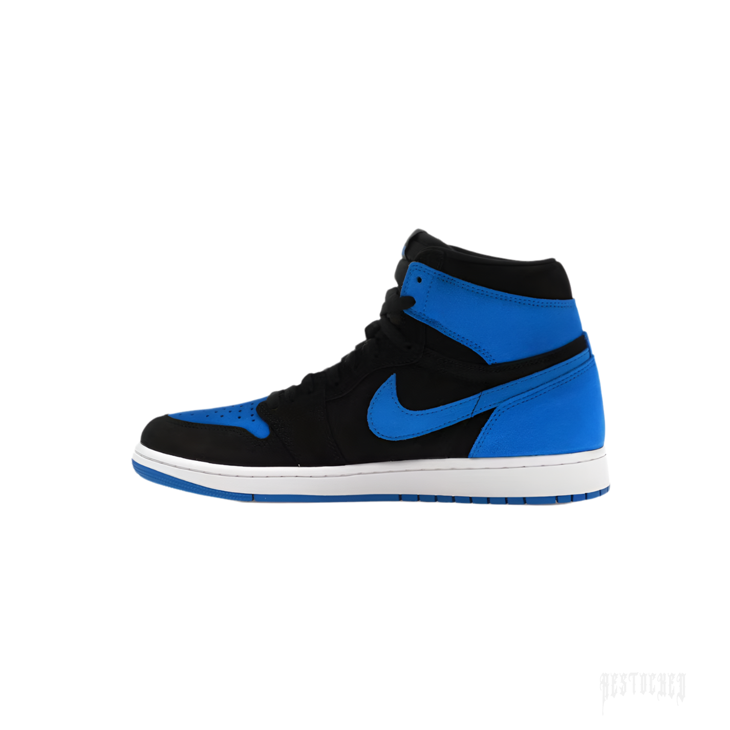 JORDAN 1 RETRO HIGH OG ROYAL REIMAGINED sneaker, black and royal blue leather, white midsole.