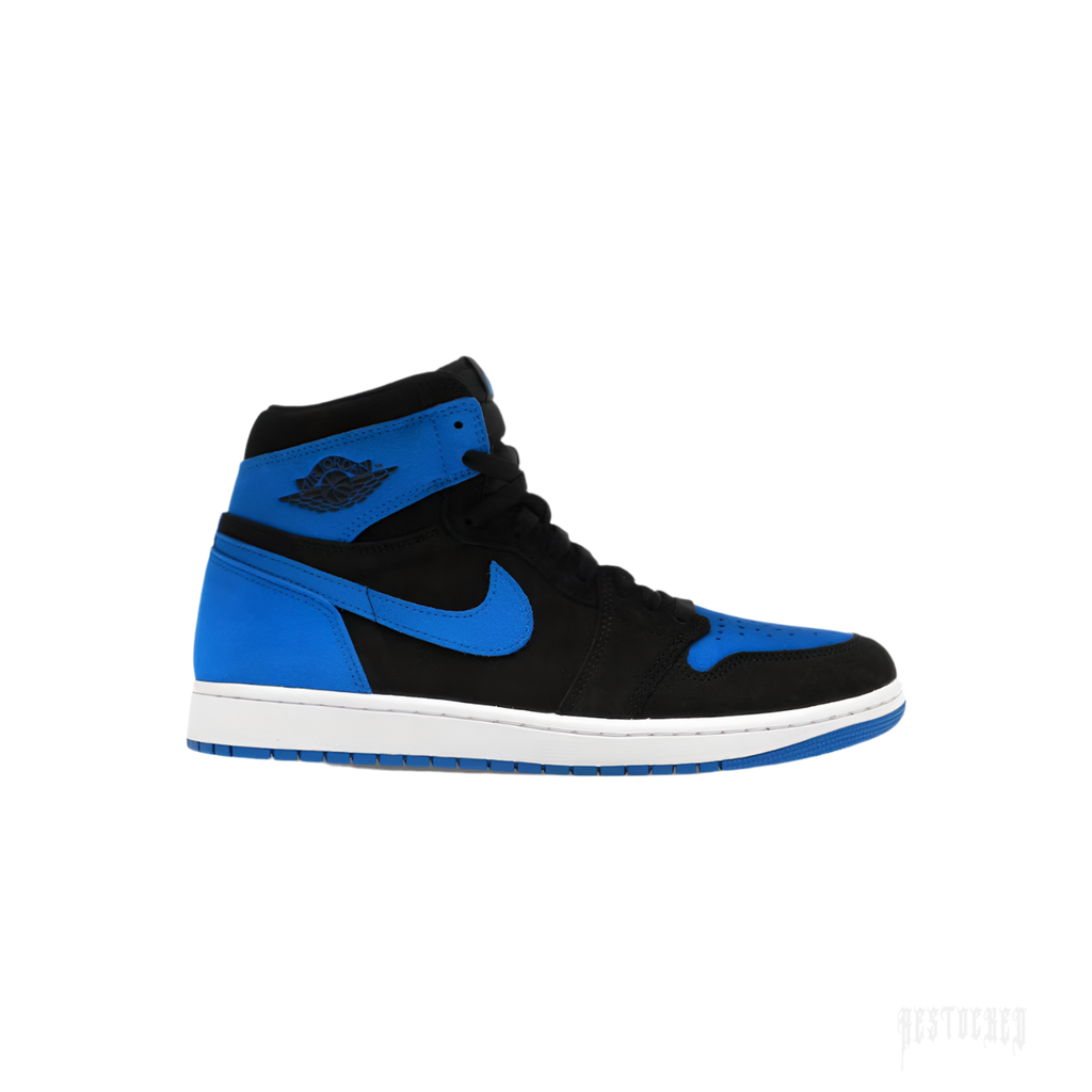JORDAN 1 RETRO HIGH OG ROYAL REIMAGINED sneaker, black and royal blue suede with white midsole.