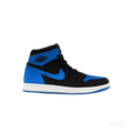 JORDAN 1 RETRO HIGH OG ROYAL REIMAGINED sneaker, black and royal blue suede with white midsole.