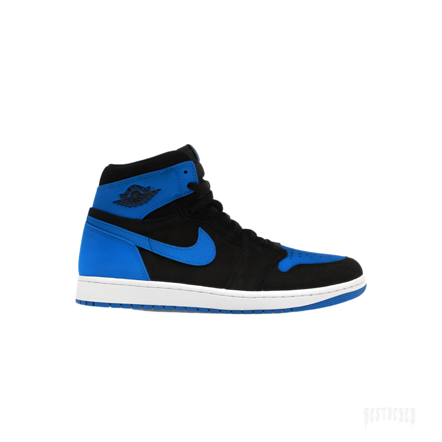 JORDAN 1 RETRO HIGH OG ROYAL REIMAGINED sneaker, black and royal blue suede with white midsole.