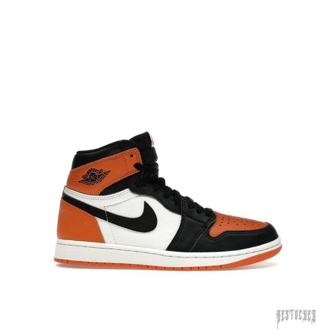 Jordan 1 Retro High OG Shattered Backboard sneaker with black, orange, and white leather.