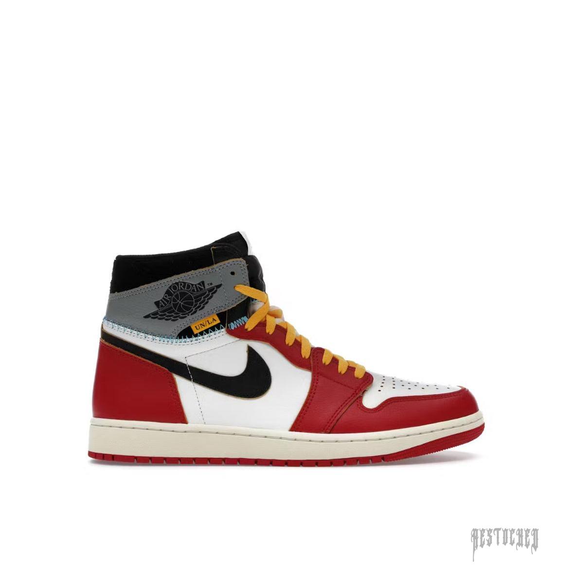 JORDAN 1 RETRO HIGH OG SP UNION LA CHICAGO SHADOW sneaker, red, white, black, and grey leather with yellow laces.
