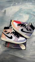 Pre-owned Jordan 1 Retro High Skyline sneakers, size 5.5, with gradient peach, purple, and white leather.