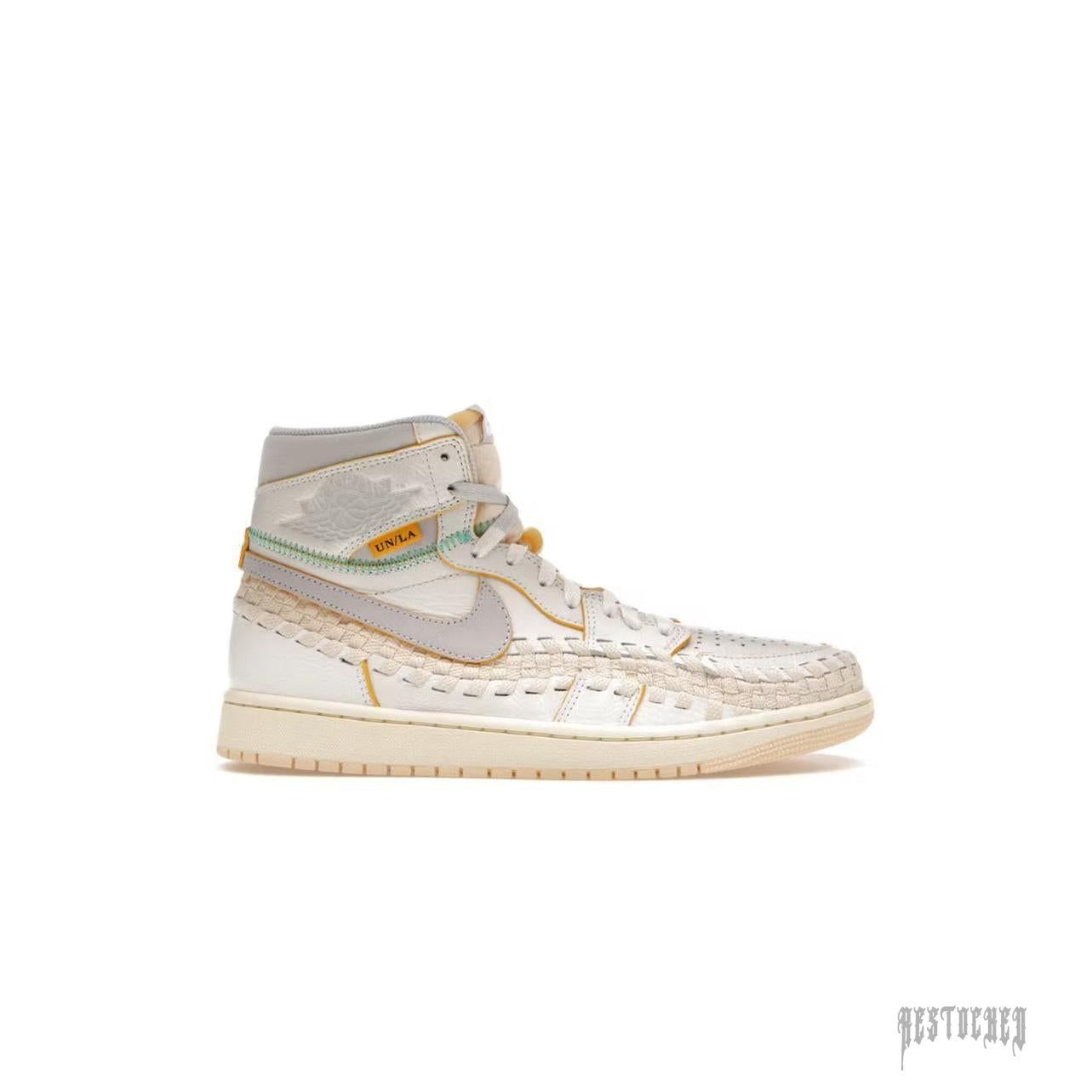 JORDAN 1 RETRO HIGH UNION LA BEPHIES in cream, grey, and yellow with woven details.