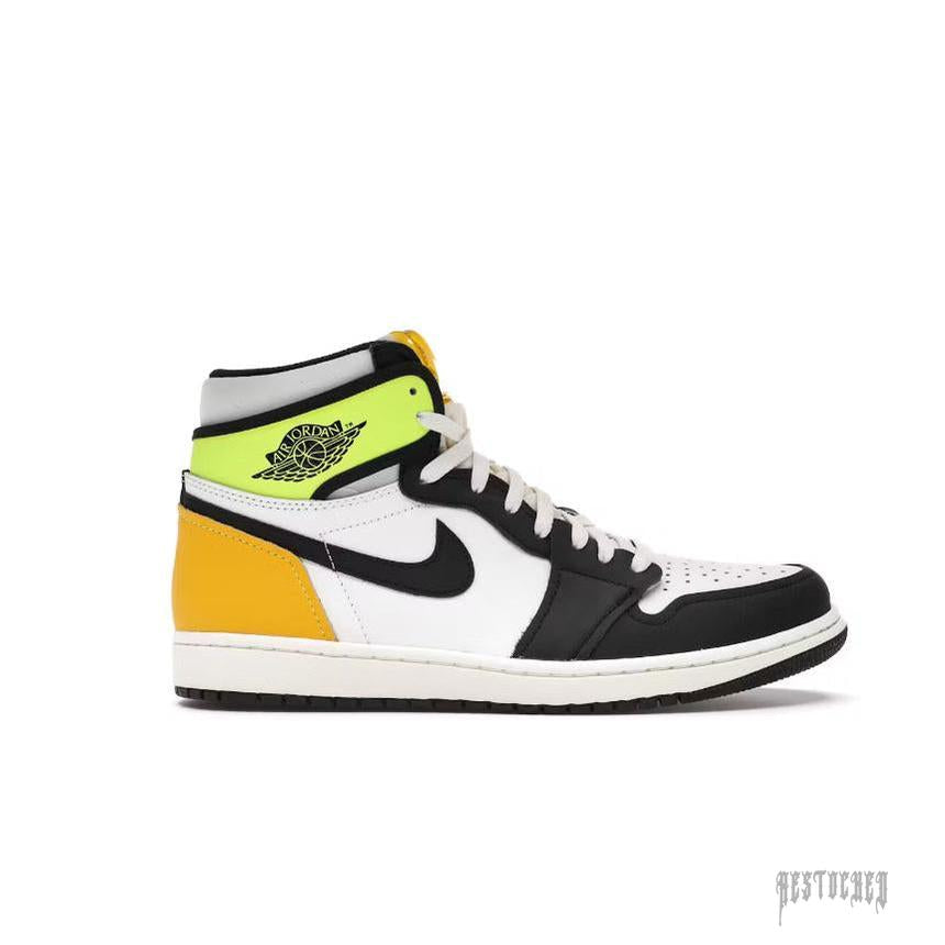JORDAN 1 Retro High sneaker in white, black, volt, and university gold leather.