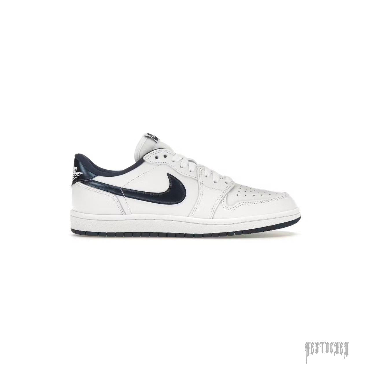 JORDAN 1 RETRO LOW '85 METALLIC BLUE sneaker, white leather with metallic blue Swoosh and heel.